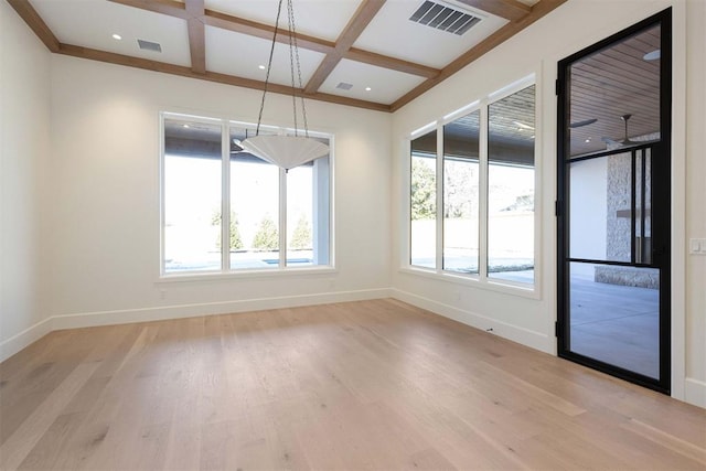 unfurnished room featuring light wood-type flooring, coffered ceiling, visible vents, and baseboards