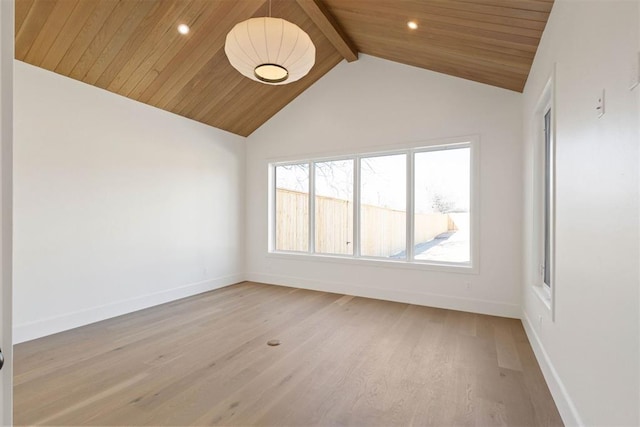 unfurnished room with lofted ceiling with beams, light wood-style flooring, recessed lighting, wood ceiling, and baseboards