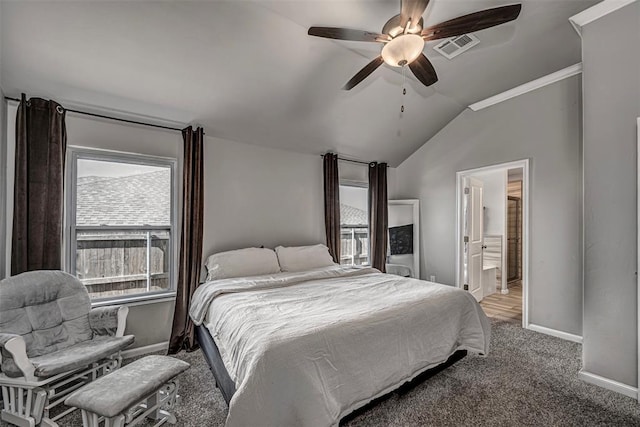 bedroom with lofted ceiling, carpet floors, a ceiling fan, visible vents, and baseboards