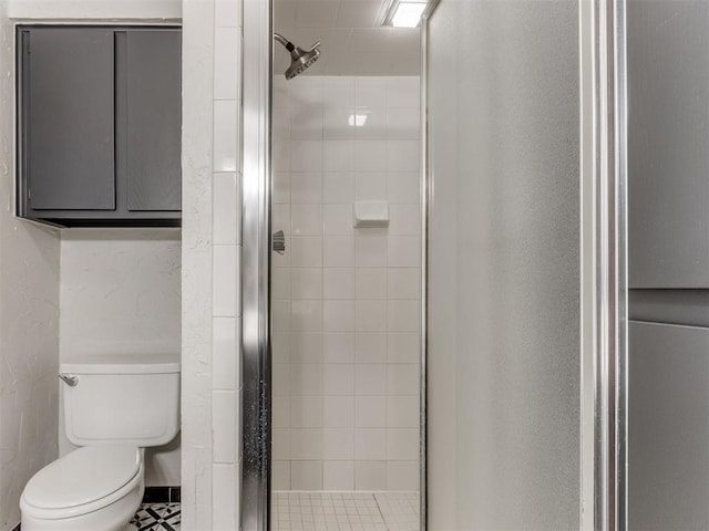 bathroom with a stall shower and toilet