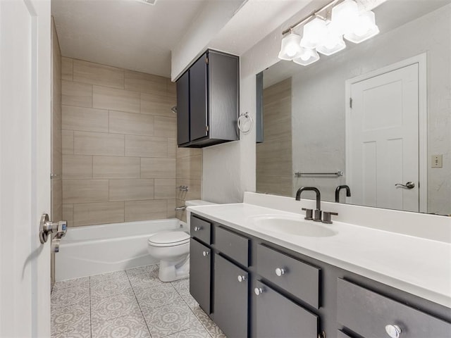 bathroom featuring toilet, washtub / shower combination, tile patterned flooring, and vanity