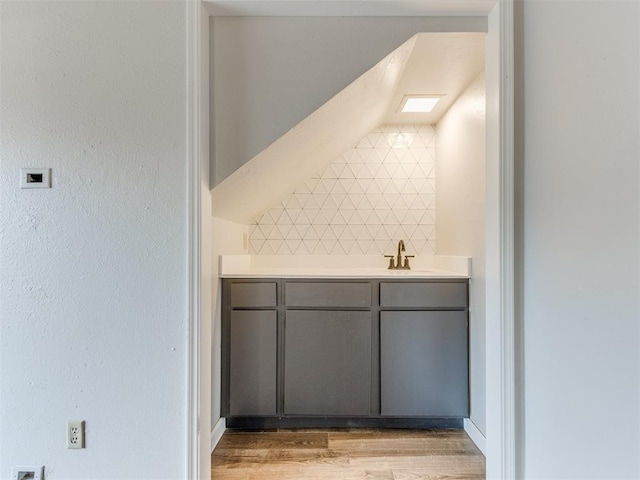 bathroom featuring a sink, tasteful backsplash, and wood finished floors