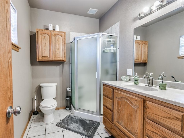 bathroom featuring toilet, a stall shower, tile patterned flooring, and vanity