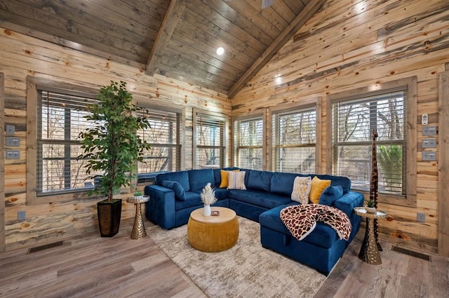 living room featuring lofted ceiling with beams, wood ceiling, visible vents, and wood finished floors