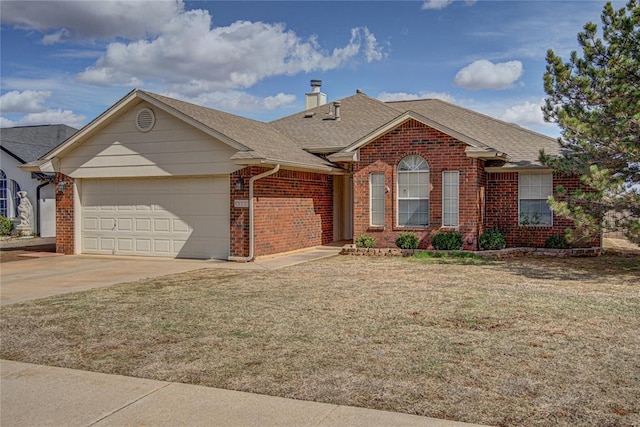 single story home with a garage, driveway, brick siding, and a front lawn