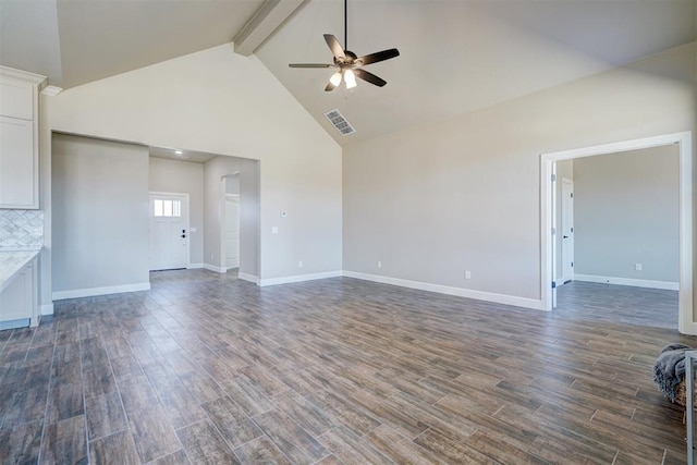 unfurnished living room featuring visible vents, baseboards, dark wood-style floors, ceiling fan, and beam ceiling