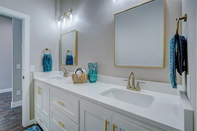 full bathroom featuring double vanity, wood finished floors, and a sink