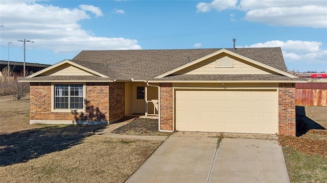 ranch-style house featuring fence, concrete driveway, a shingled roof, a garage, and brick siding