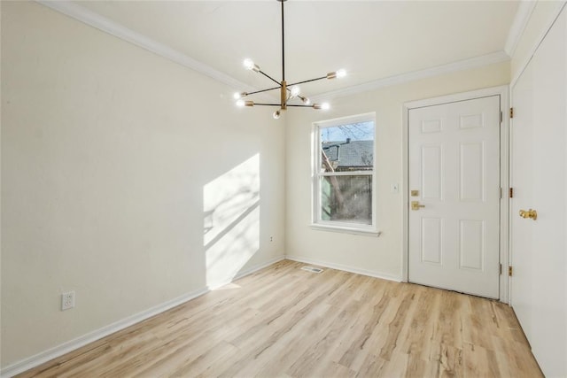 unfurnished dining area with light wood-style flooring, baseboards, and ornamental molding