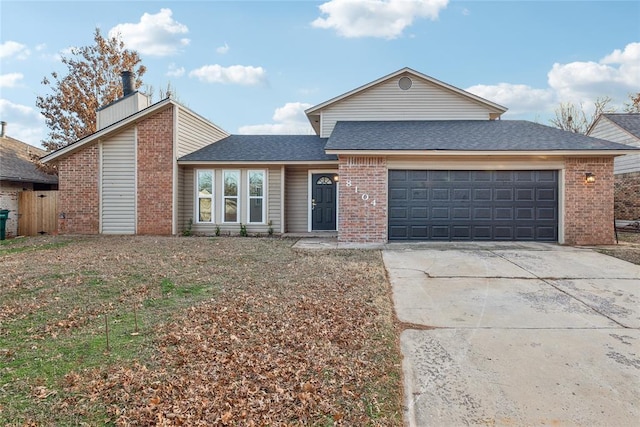 view of front of home featuring a garage, brick siding, roof with shingles, and concrete driveway