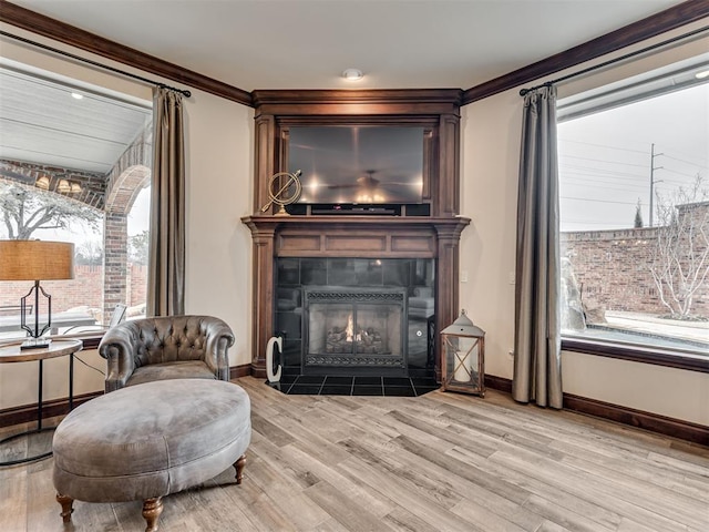 sitting room featuring a fireplace, crown molding, baseboards, and wood finished floors