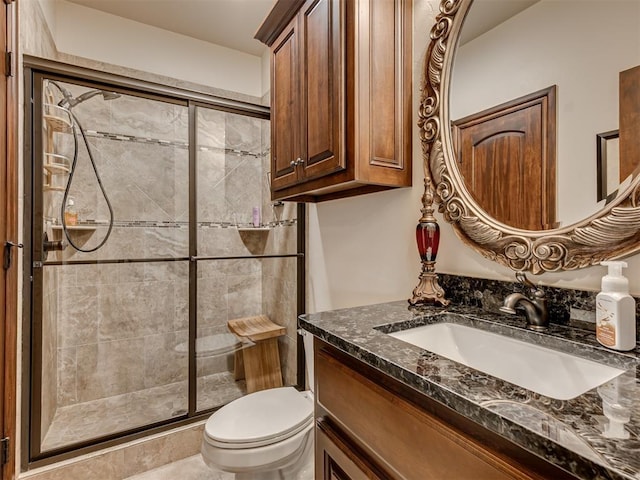 full bathroom featuring toilet, a shower stall, and vanity