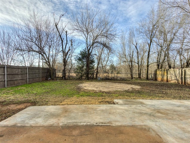 view of yard with a fenced backyard and a patio