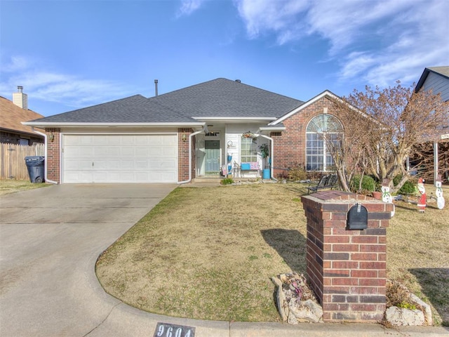 ranch-style home featuring driveway, an attached garage, a shingled roof, and brick siding