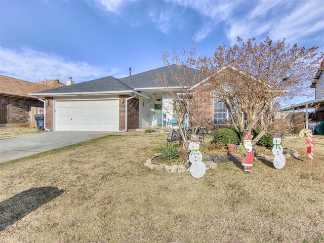 single story home featuring brick siding, roof with shingles, a front yard, a garage, and driveway