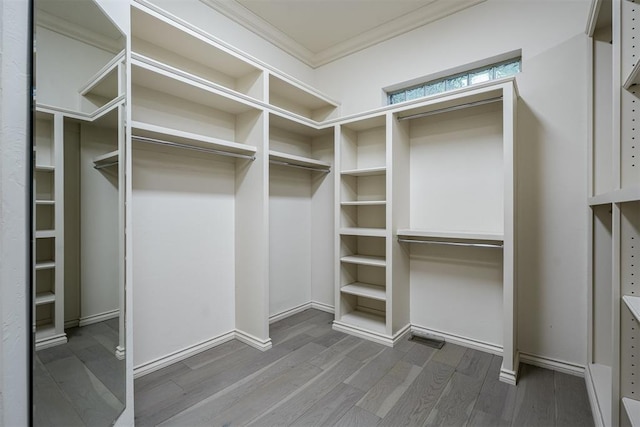 spacious closet featuring visible vents and wood finished floors