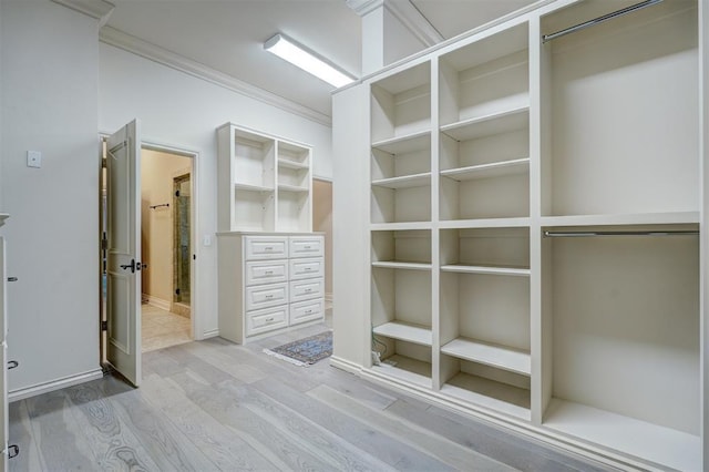 walk in closet with light wood-style floors