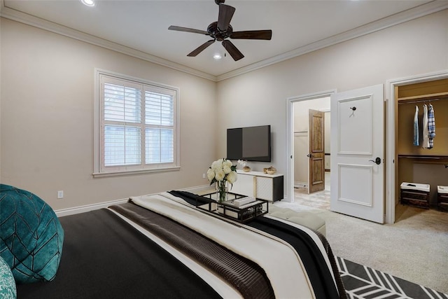 bedroom with carpet, ornamental molding, baseboards, and recessed lighting