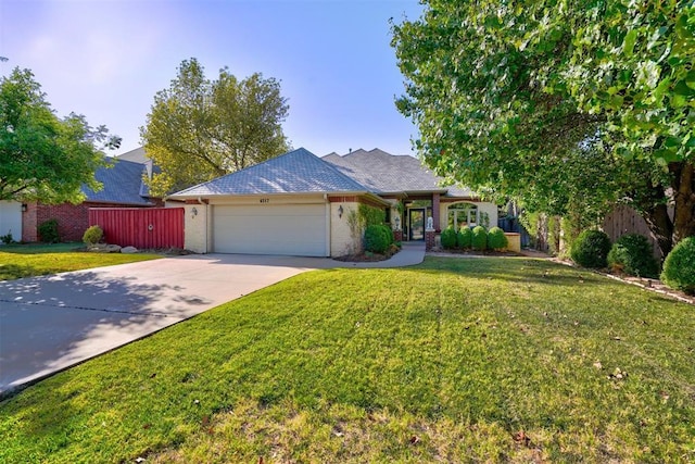 view of front of house featuring concrete driveway, a front lawn, an attached garage, and fence