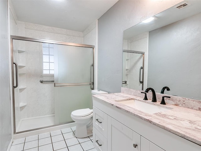 bathroom with visible vents, toilet, a stall shower, vanity, and tile patterned flooring