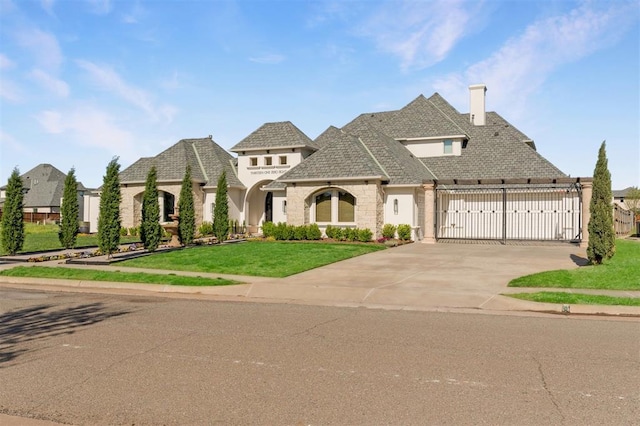 french country style house featuring stone siding, driveway, and a front yard