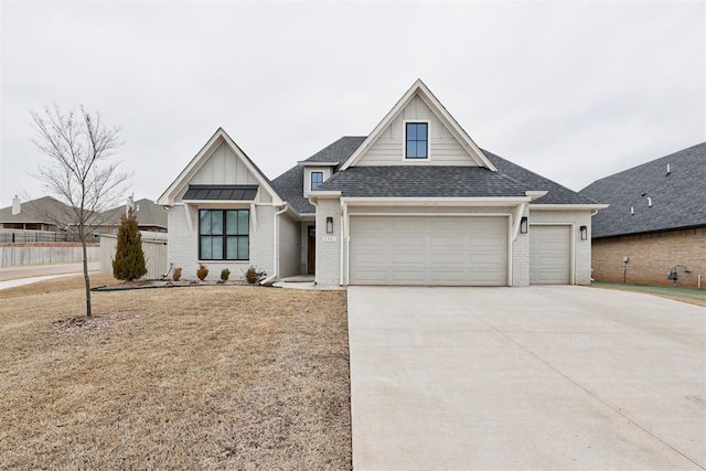 modern inspired farmhouse featuring brick siding, a shingled roof, concrete driveway, board and batten siding, and a front yard