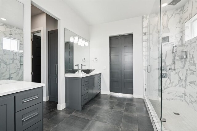 2725 Piazza Ct, Arcadia, OK 73007 - bathroom featuring vanity and a marble finish shower