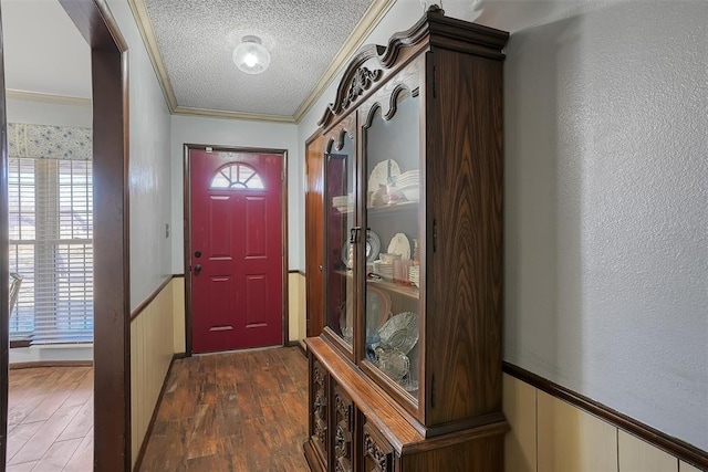 entryway with a textured ceiling, a textured wall, a wainscoted wall, ornamental molding, and dark wood-style floors