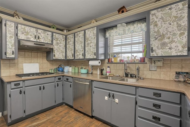 kitchen with gray cabinetry, stainless steel appliances, a sink, and under cabinet range hood