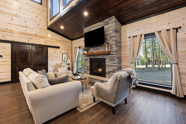 living room featuring wooden walls, a high ceiling, and dark wood-style flooring