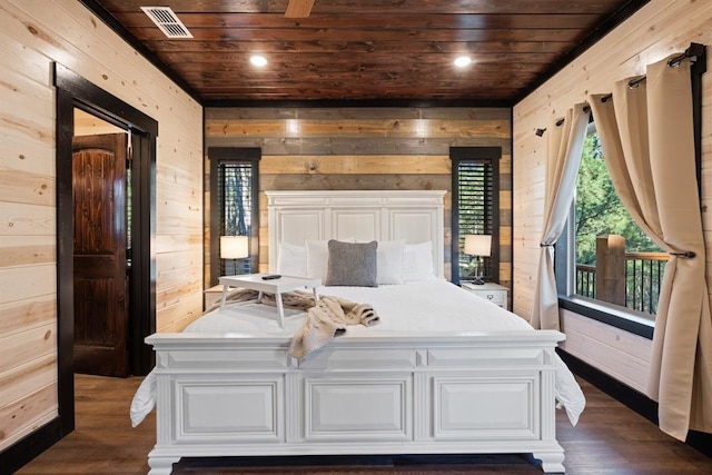 bedroom featuring access to exterior, dark wood-style floors, wood ceiling, and wood walls