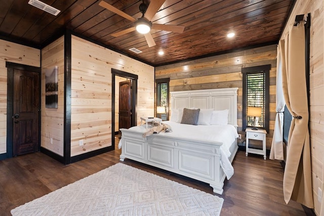 bedroom featuring wood ceiling, visible vents, and wood walls