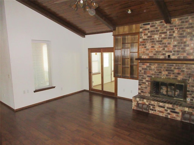 unfurnished living room featuring hardwood / wood-style floors, a brick fireplace, wood ceiling, and baseboards