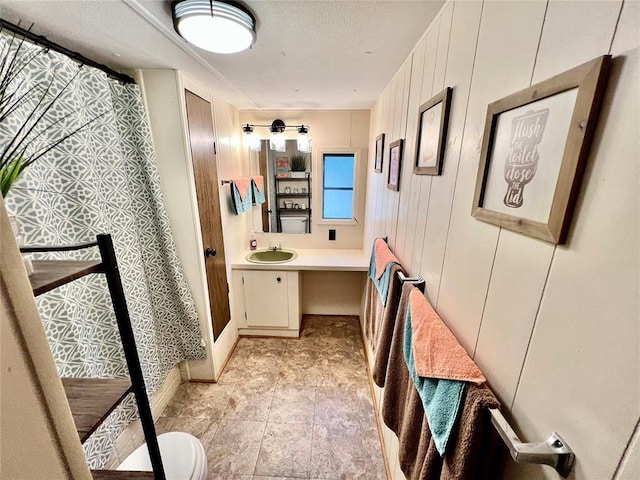 bathroom featuring toilet, a shower with curtain, and vanity
