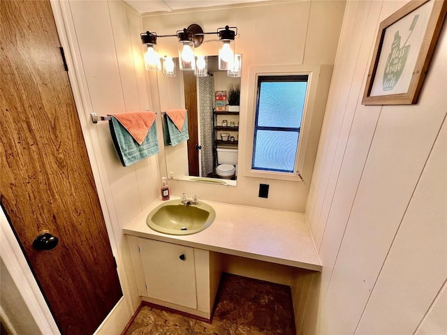bathroom with vanity and wooden walls