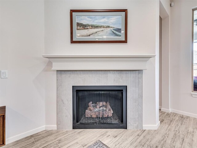 details featuring a fireplace, baseboards, and wood finished floors