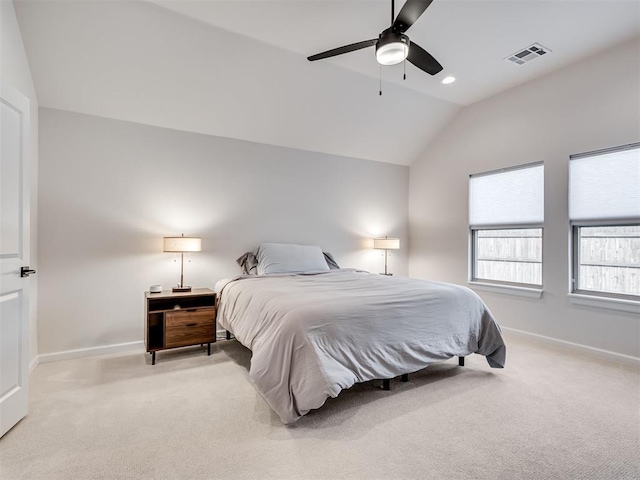 bedroom with recessed lighting, light colored carpet, visible vents, baseboards, and vaulted ceiling