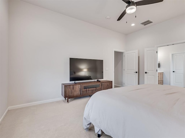 bedroom with ceiling fan, recessed lighting, light carpet, visible vents, and baseboards