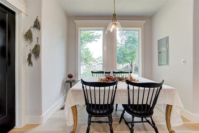 dining space with breakfast area, visible vents, light wood-style floors, electric panel, and baseboards