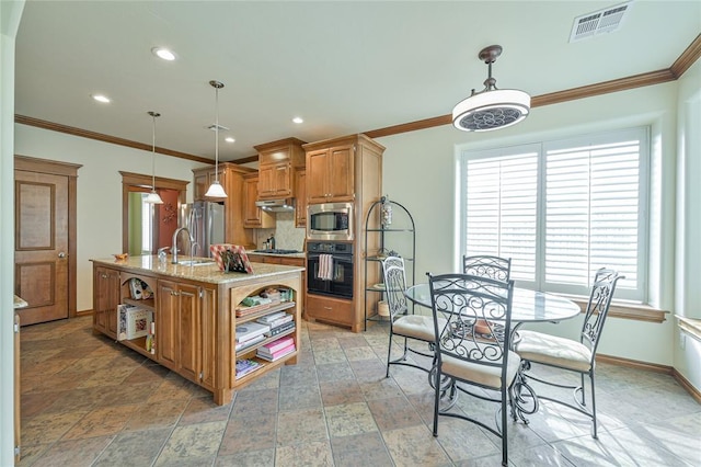 kitchen with visible vents, baseboards, ornamental molding, appliances with stainless steel finishes, and open shelves