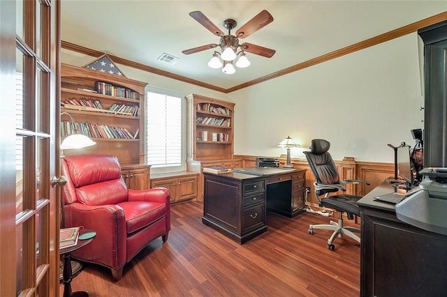 office featuring a wainscoted wall, dark wood-style flooring, visible vents, and a ceiling fan