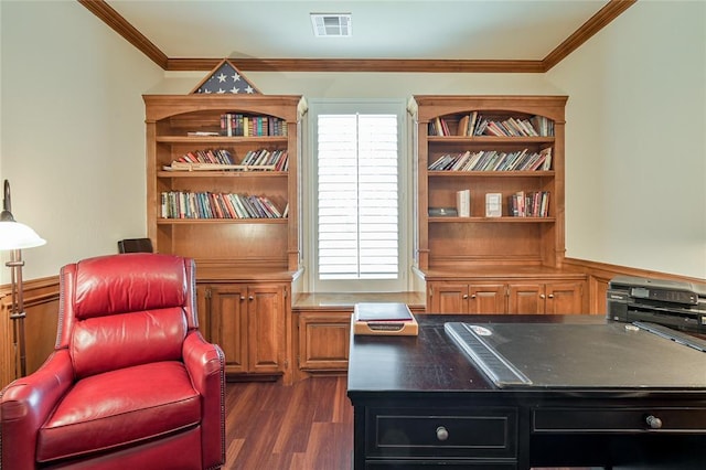 office space with ornamental molding, visible vents, and dark wood-type flooring