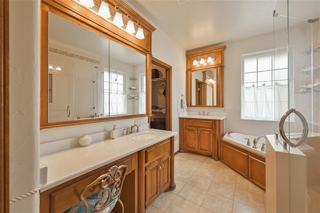 bathroom with a garden tub, two vanities, a sink, and a shower with shower door