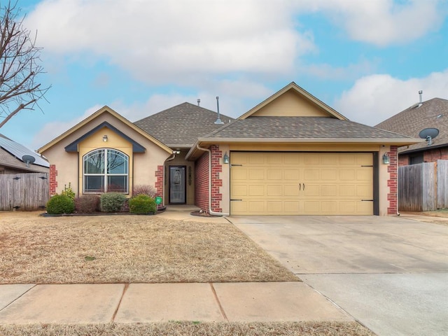 ranch-style house with brick siding, roof with shingles, fence, a garage, and driveway