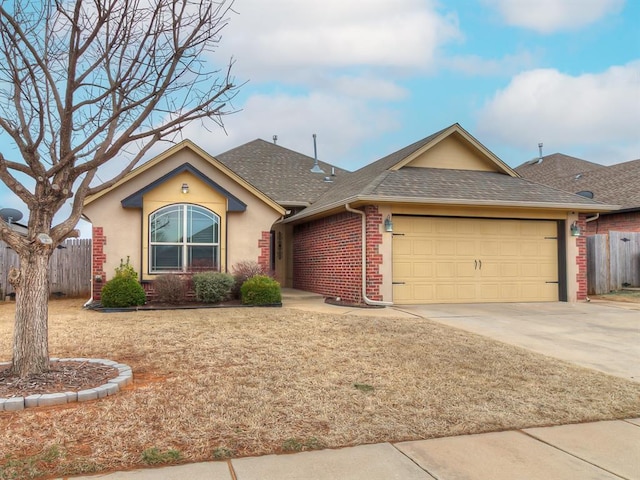 ranch-style home featuring a garage, brick siding, a shingled roof, fence, and driveway