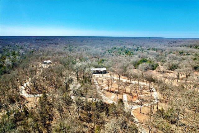 bird's eye view with a wooded view