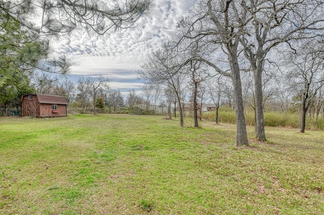 view of yard with an outbuilding and a shed