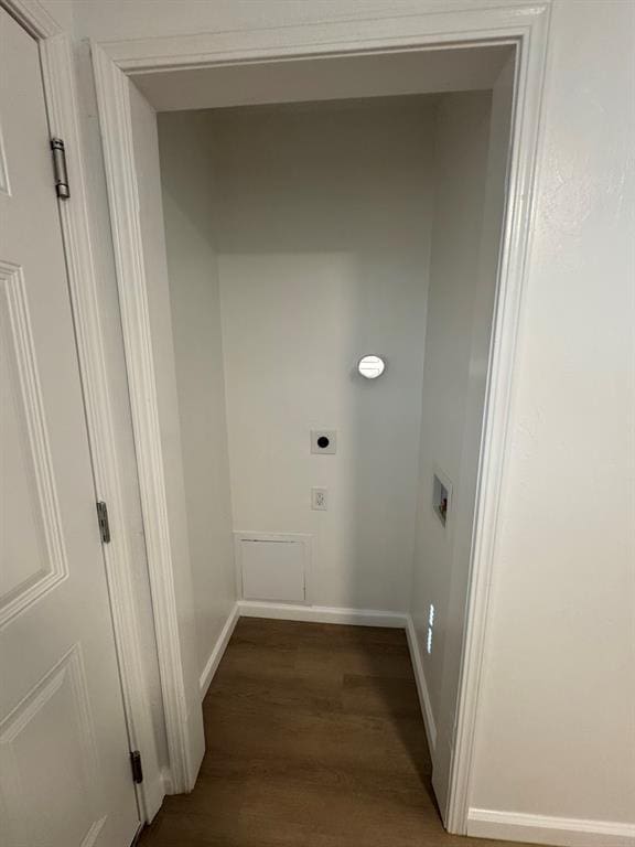 washroom with baseboards, laundry area, dark wood-type flooring, and hookup for an electric dryer