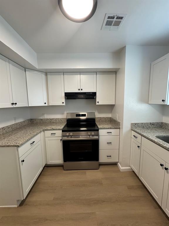 kitchen featuring under cabinet range hood, light wood-style flooring, visible vents, and stainless steel range with electric cooktop