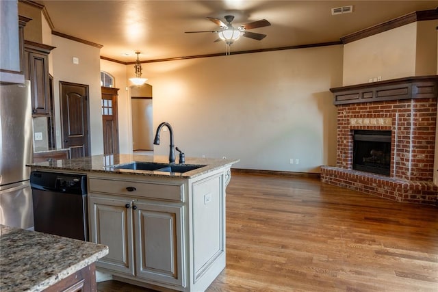 kitchen with a fireplace, a sink, visible vents, light wood-style floors, and appliances with stainless steel finishes